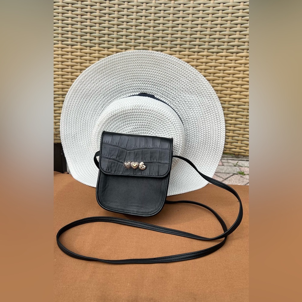 VTG Brighton Black Croc-Embossed Leather Mini Crossbody Bag Purse 5x5.5”x2.5”
